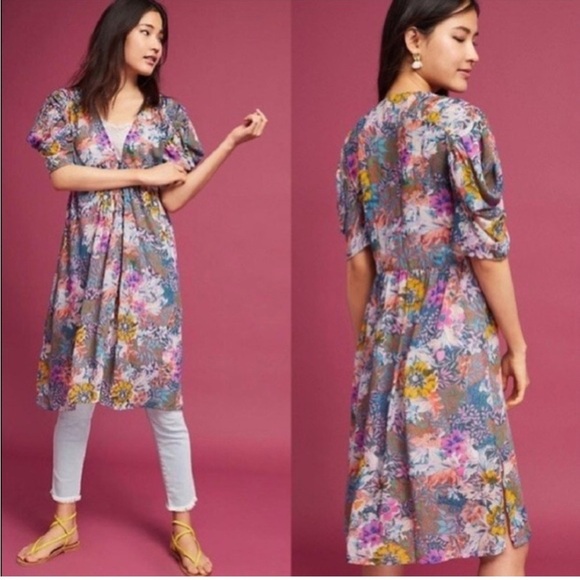 Anthropologie Flutter Sleeve Asymmetrical Tunic Dress Blue Pink - Picture 2 of 14